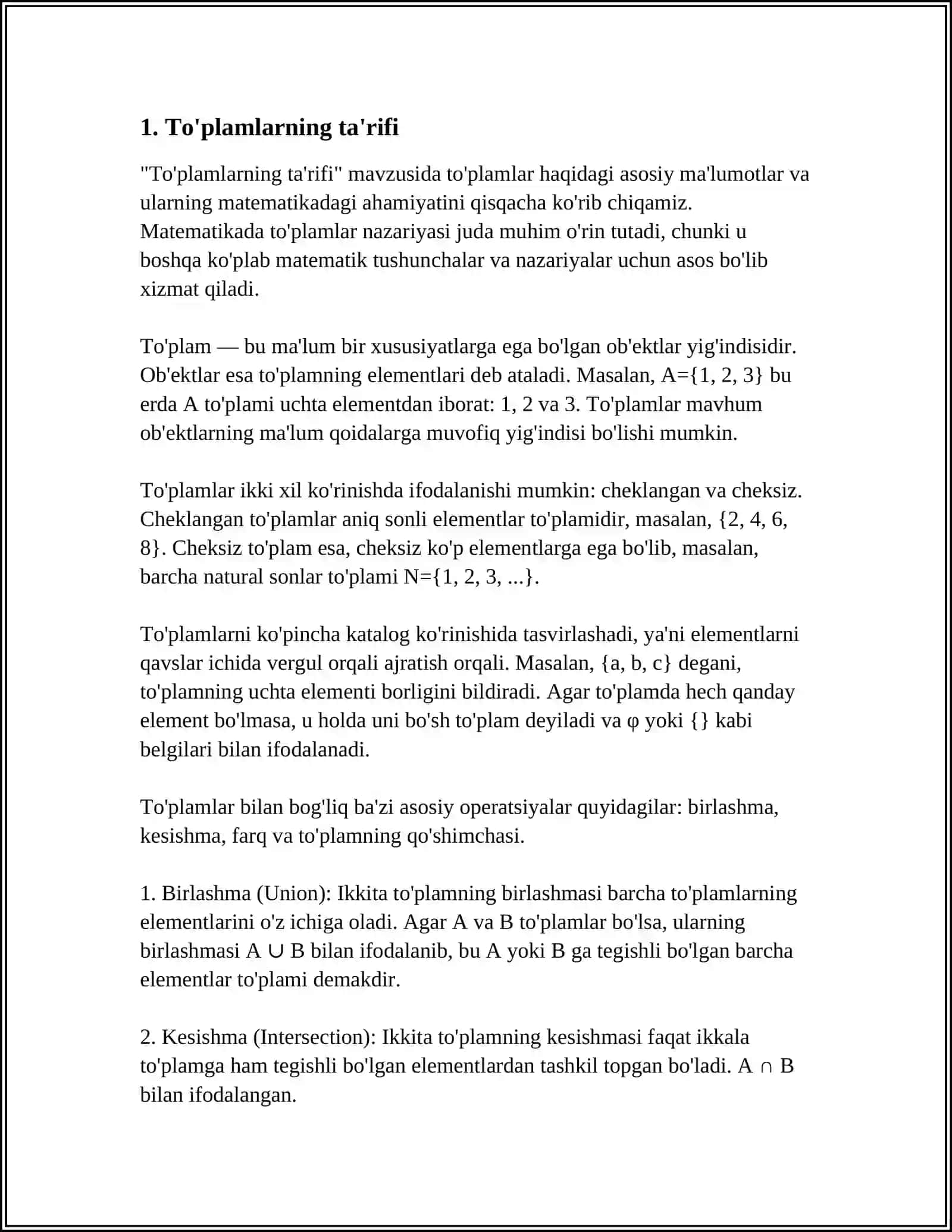 TOʻPLAMLAR USTIDA BAJARILADIGAN AMALLAR VA ULARNING XOSSALARI 4