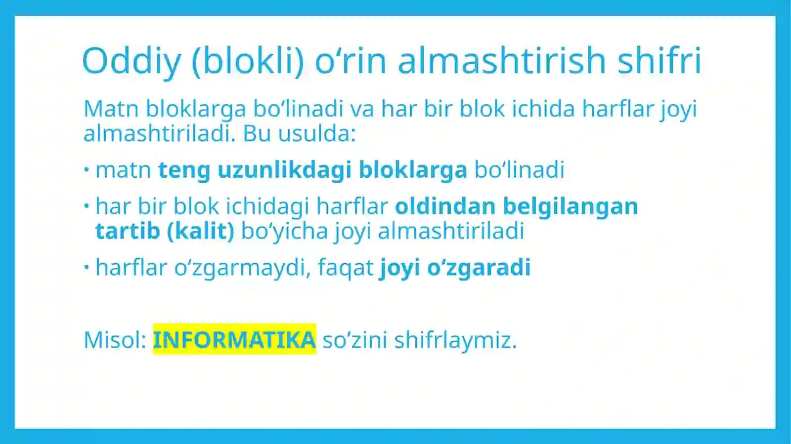 O’rin almashtirish shifrlari 4