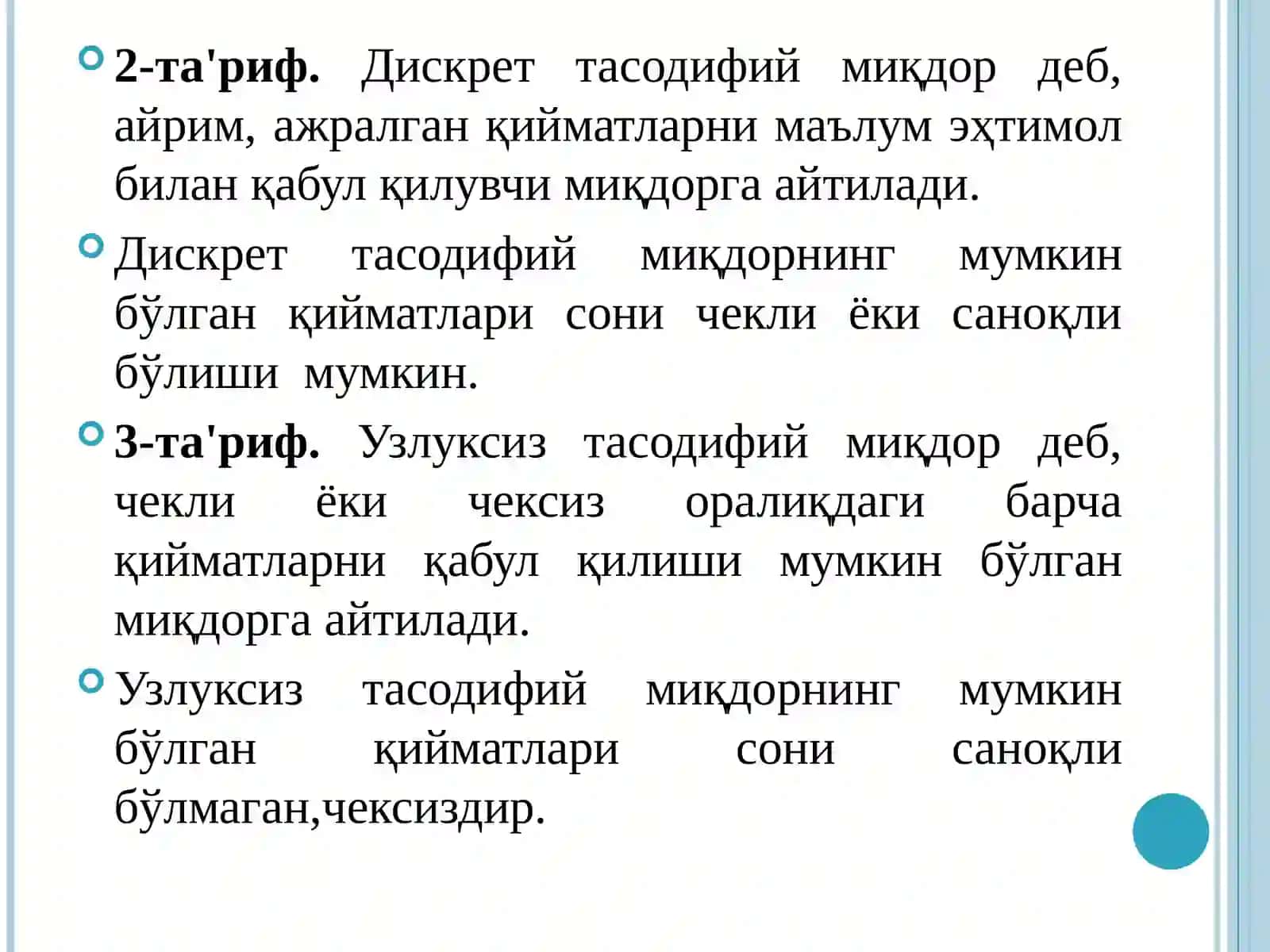 EHTIMOLLAR NAZARIYASI BA MATEMATIK STATISTIKA 4