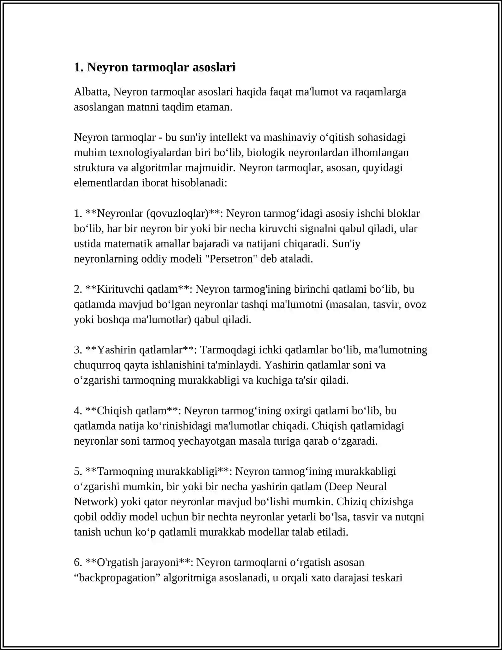 ENG SODDA PERSEPTRONLAR YORDAMIDA BASHORATLASH ALGORITMINI ISHLAB CHIQISH 4