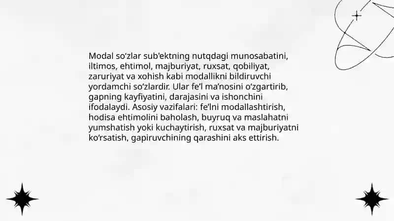 Yordamchi sōz turkumlari. Modal, undov va taqlid sōzlar 4