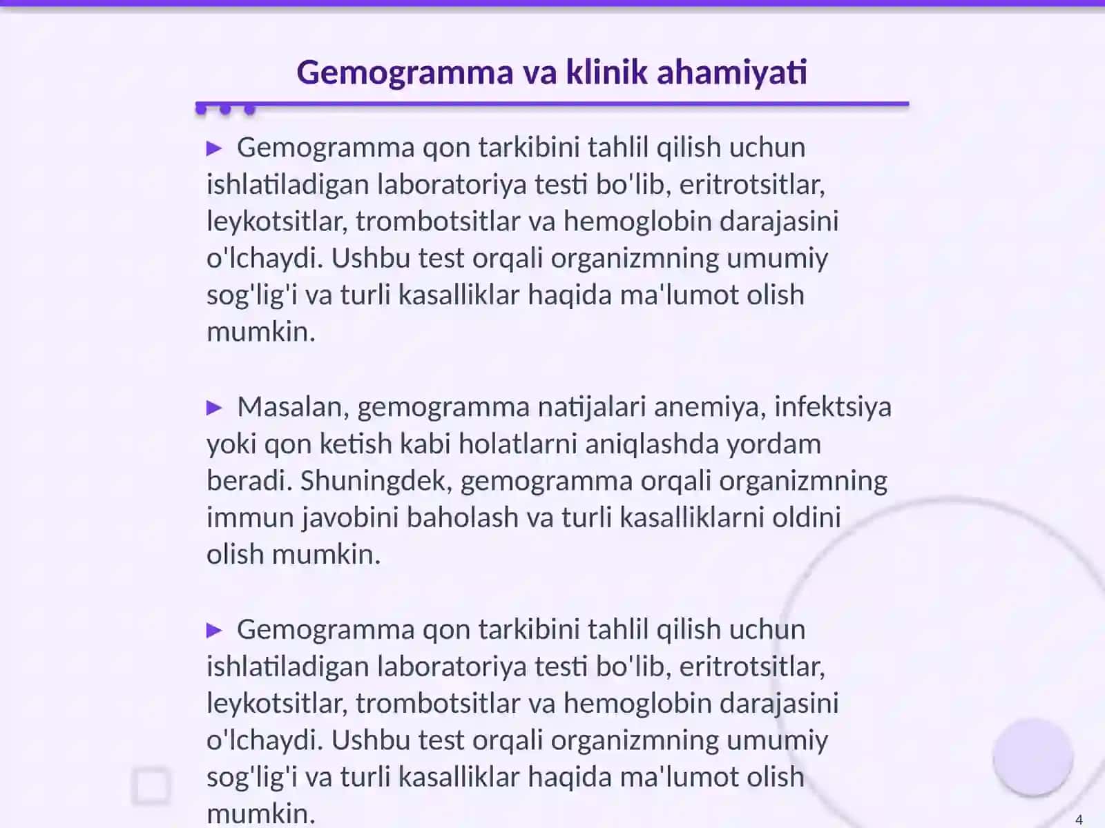 Qon va limfa. 1. Qon tarkibi, gemogramma, uning klinik mohivati 4