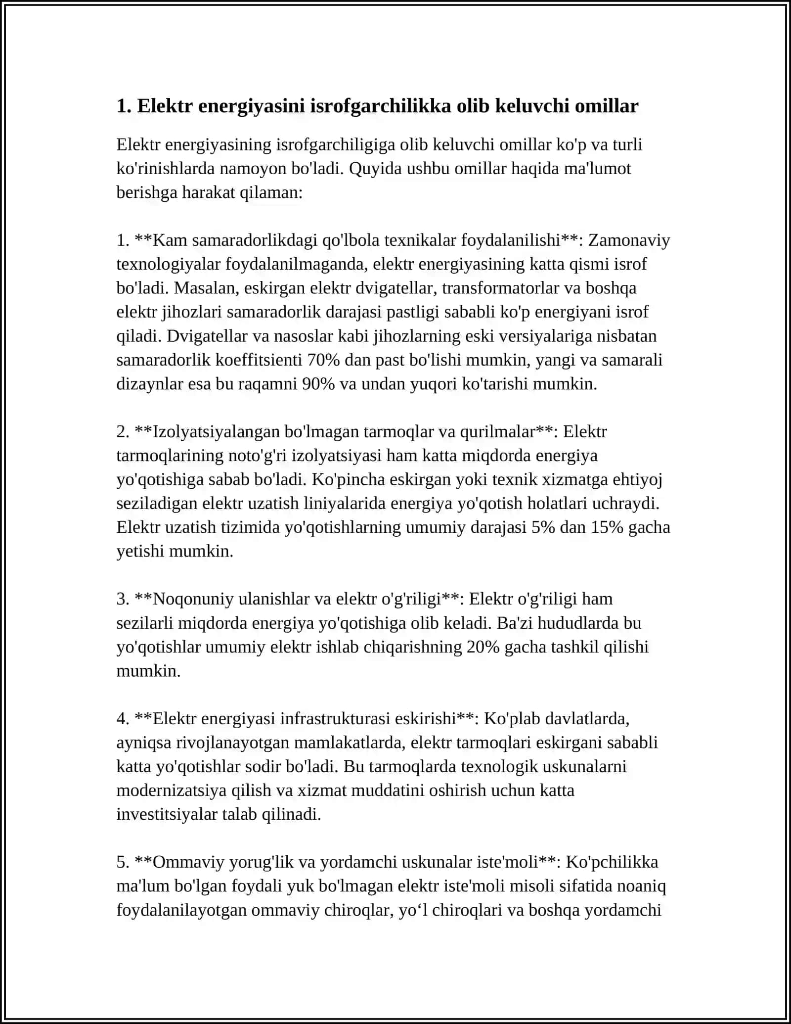 ELEKTR TA'MINOTI TIZIMIDAGI ISROFLAR MAVZUSIDA MUSTAQIL ISH 4