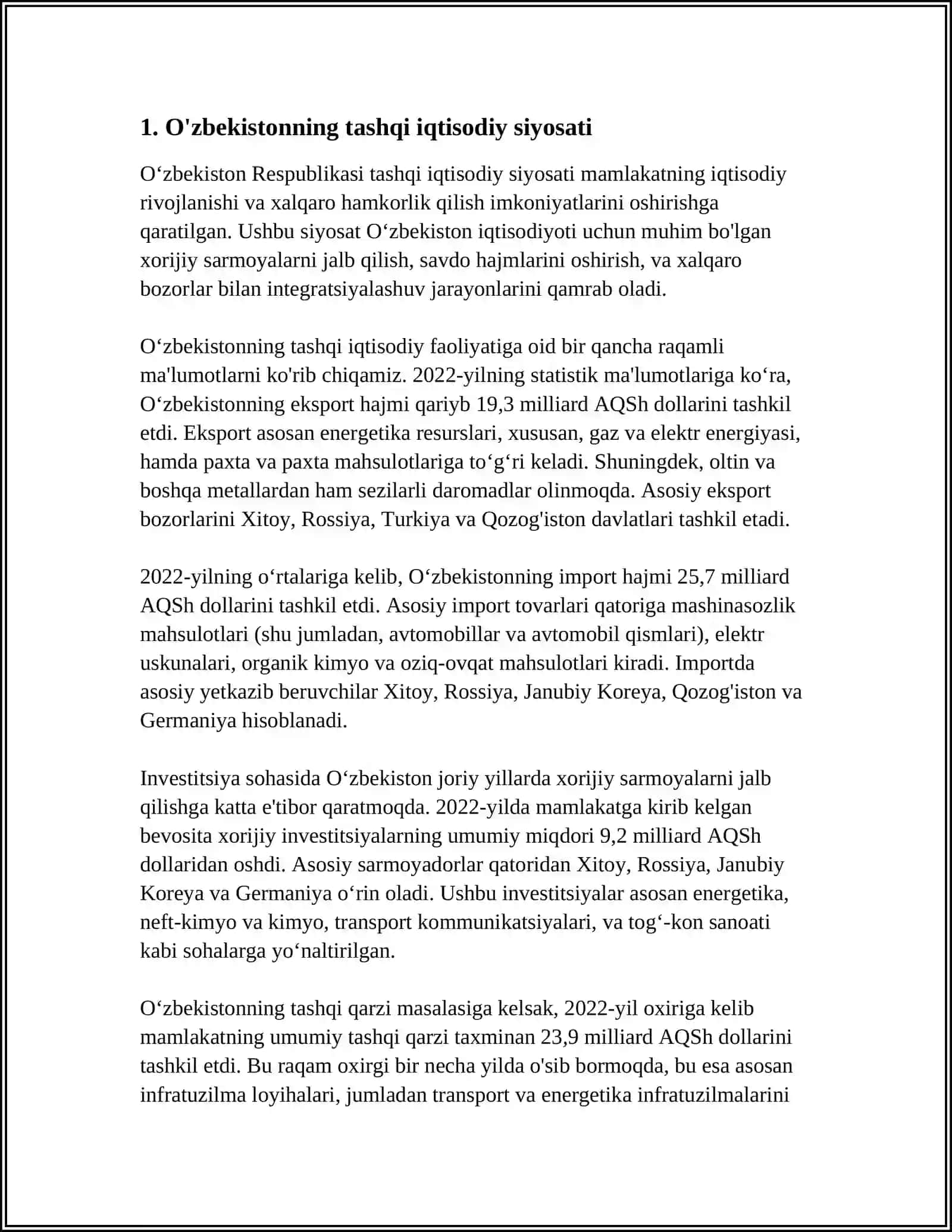 O'ZBEKISTON TASHQI IQTISODIYA HAQIDA REFERAT 4