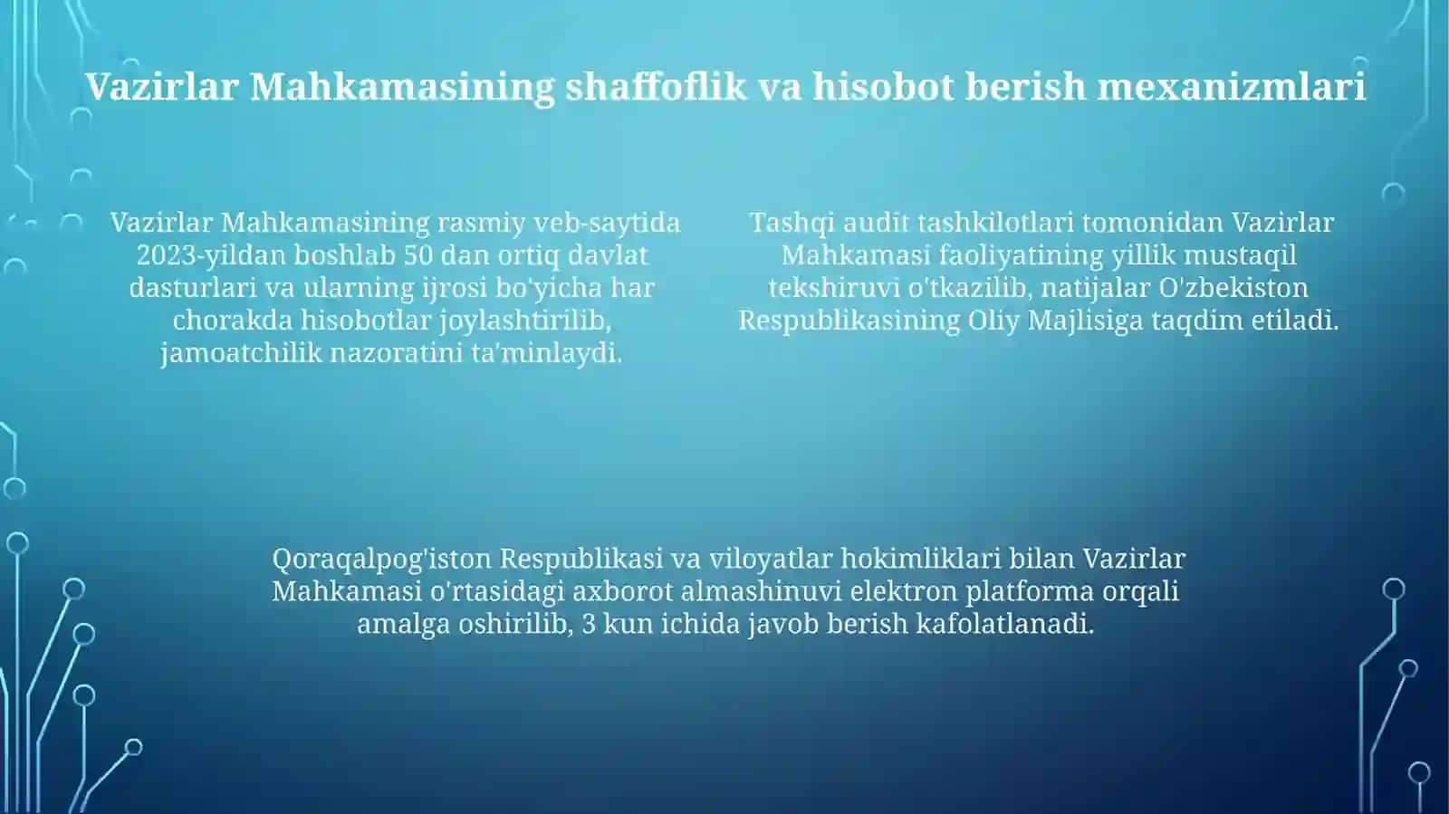 Oʻzbekiston Respublikasi Vazirlar Mahkamasining hokimiyat tizimidagi o'rni va asosiy vazifasi 4