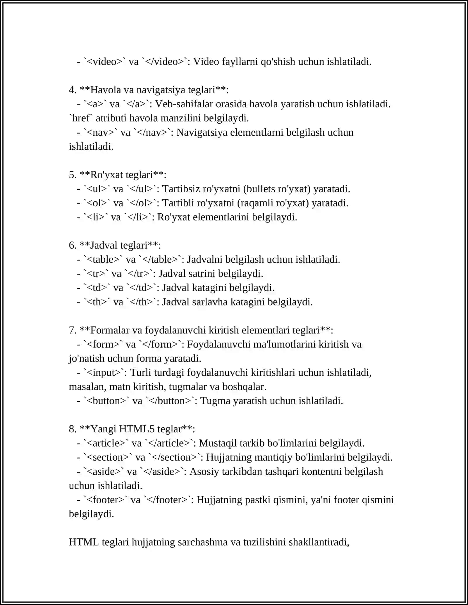 Mavzu: HTML DASTURLASH TILIDA TEG TUSHUNCHASI 4