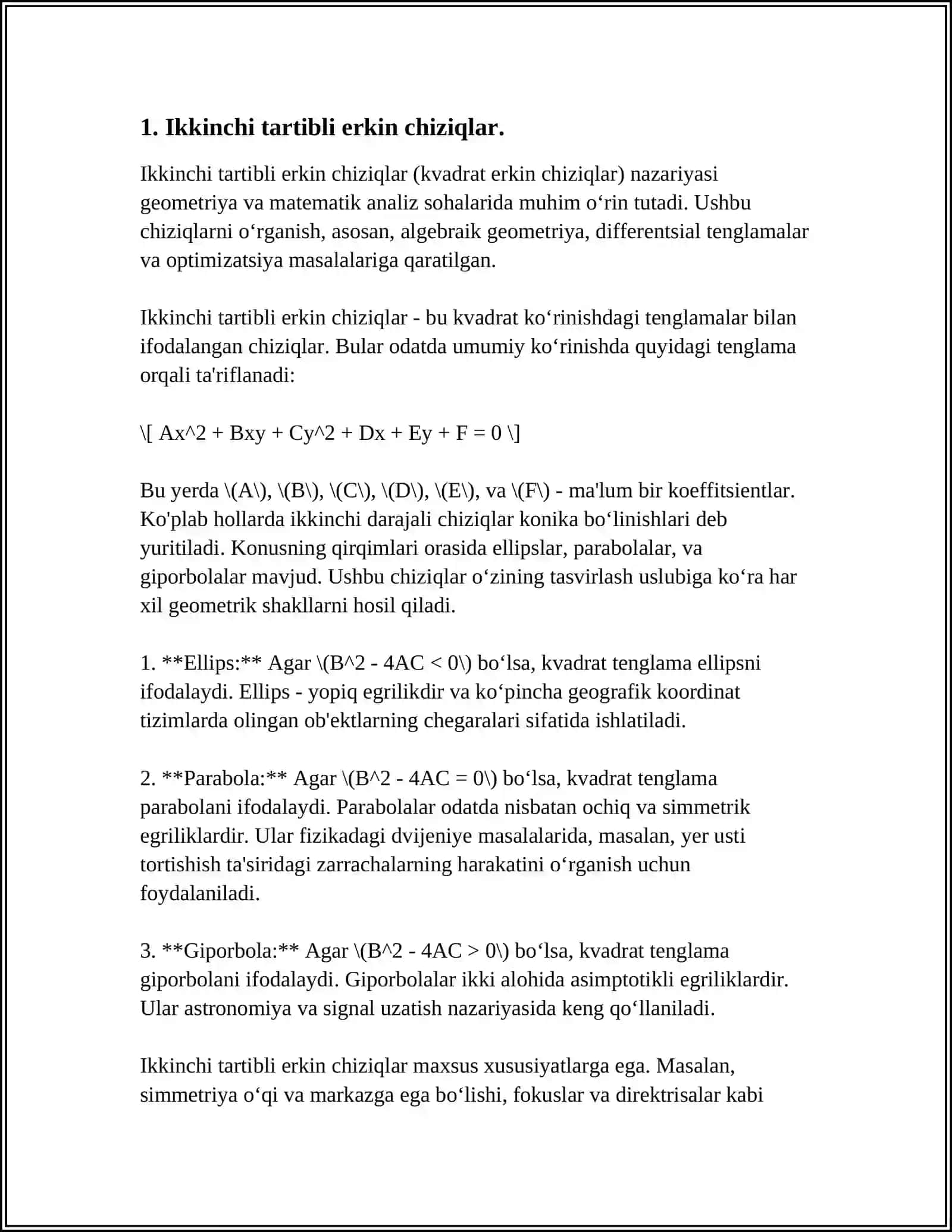 Ikkinchi tartibli erkin chiziqlar 4