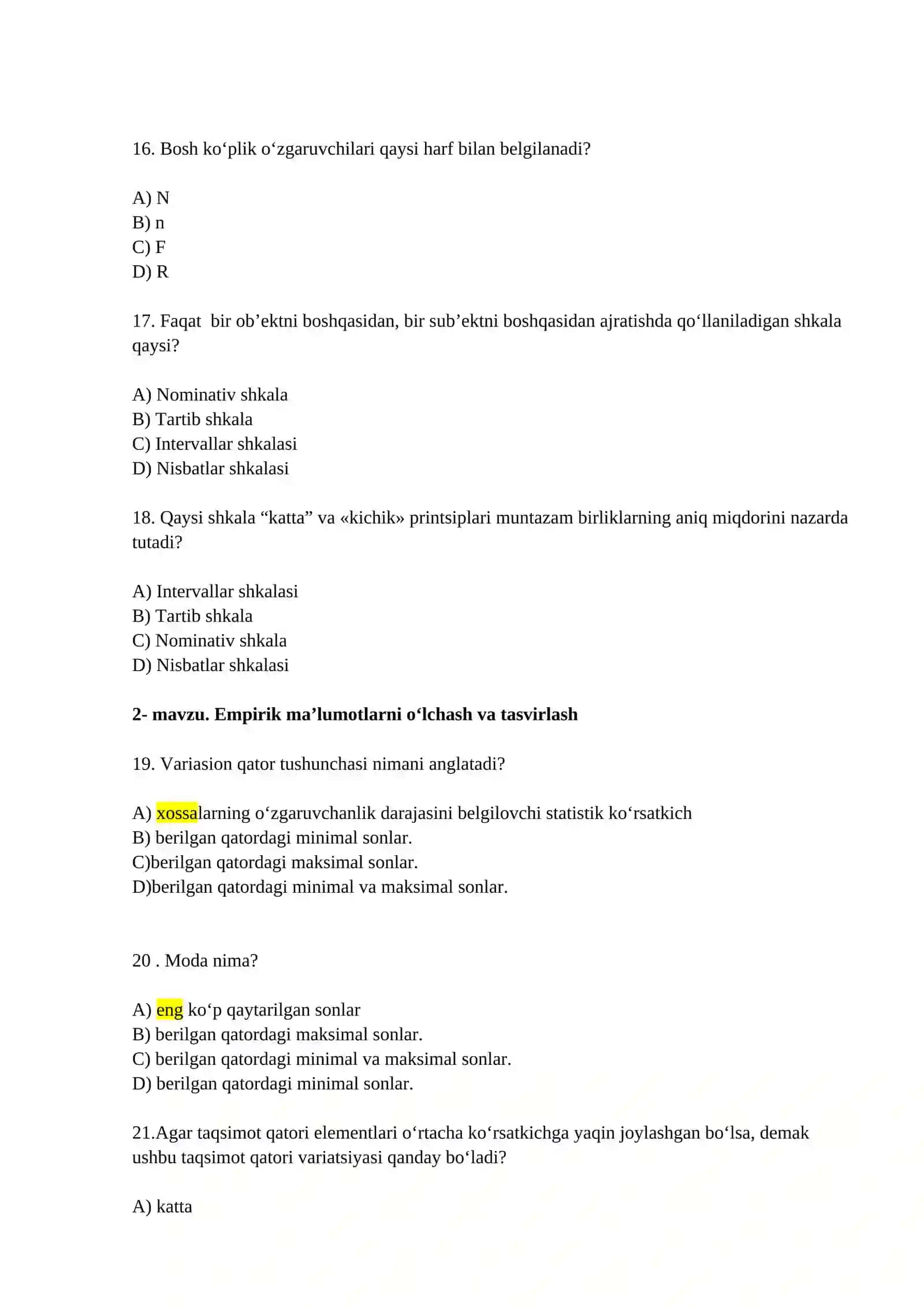 Psixologiyada matematik usullar fanidan test savollari 4