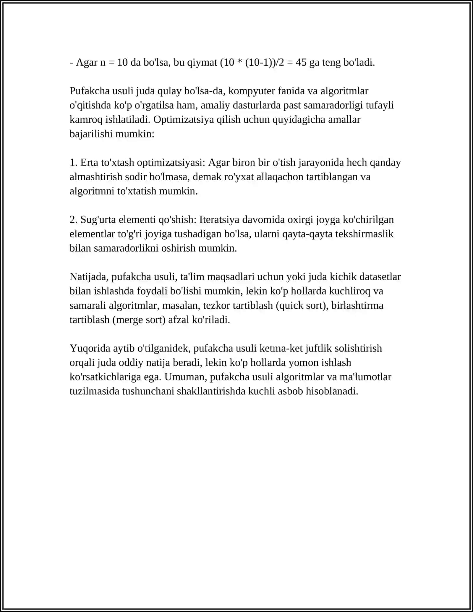 PUFAKCHA (BUBLE SORT) USULI BILAN TARTIBLASH ALGORITMI 4