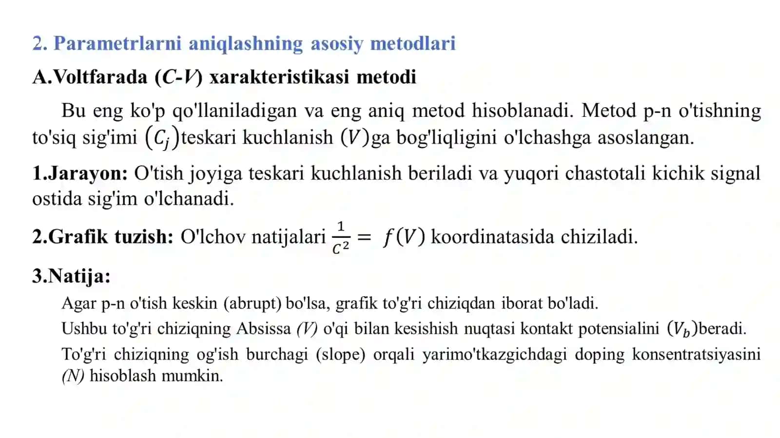 p-n O‘tish joyining kenglik (W) va kontakt potensialini (Vb) aniqlash metodlari 4