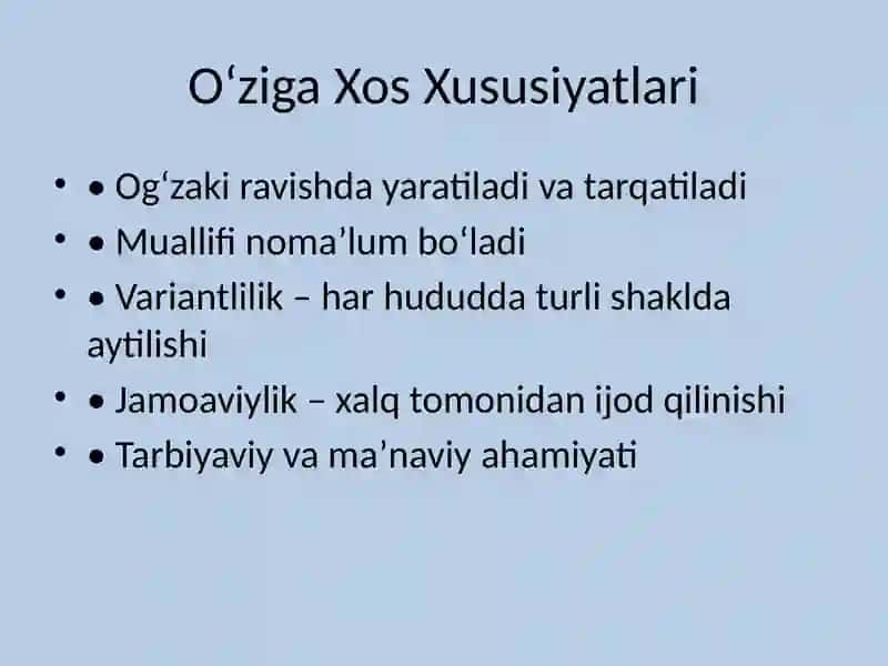 Xalq Ogʻizaki Ijodining Oʻziga Xos Xususiyatlari 4