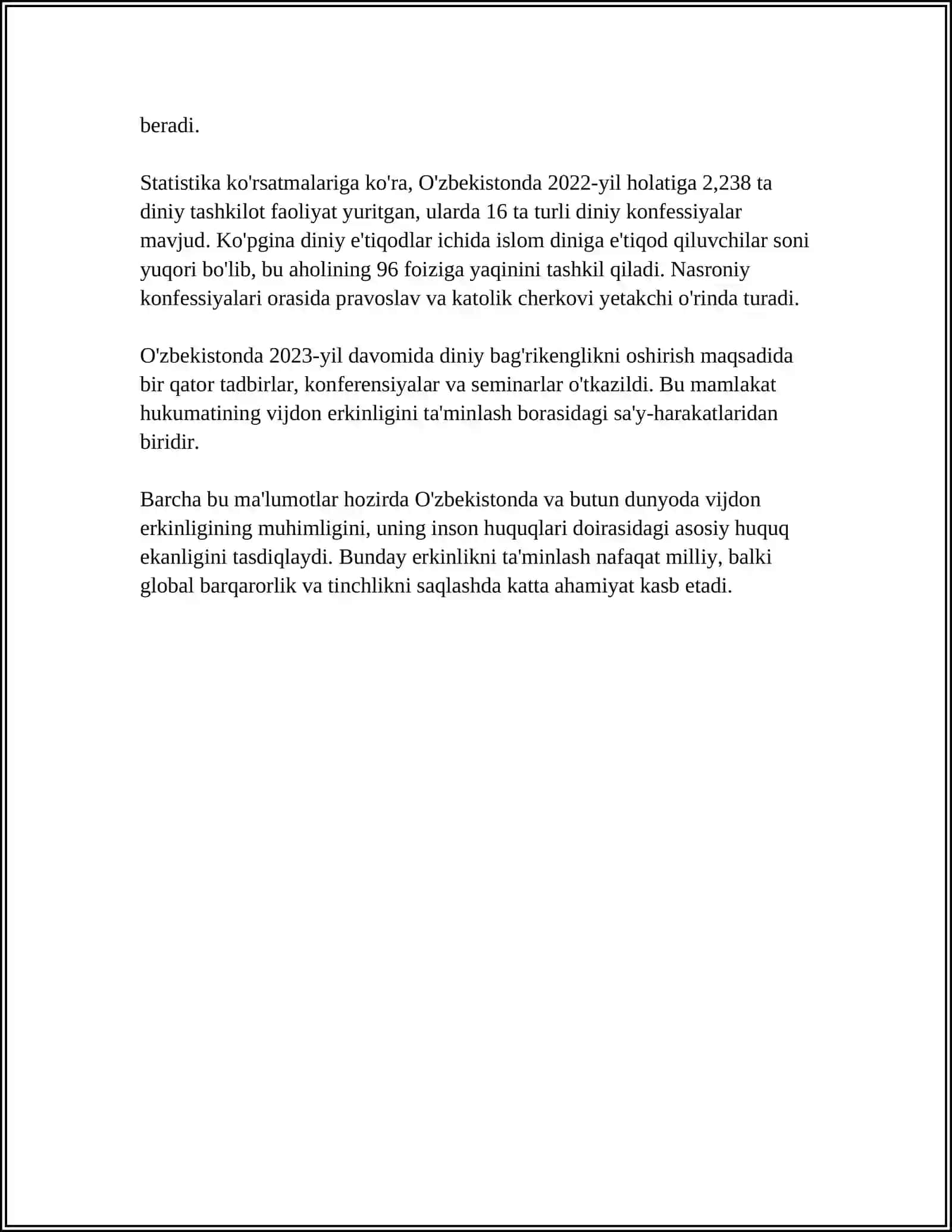 O‘ZBEKISTONDA VIJDON VA ETIQOD ERKINLIGI VA UNING TAʼMINLOVCHI BELGI VA CHORA TADBIRLAR 4