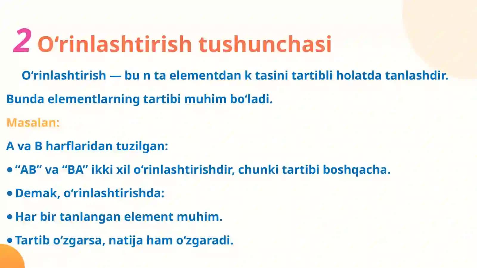 Kombinatorikaning takroriy bo'lmagan o'rinlashtirish qoidasi. 4