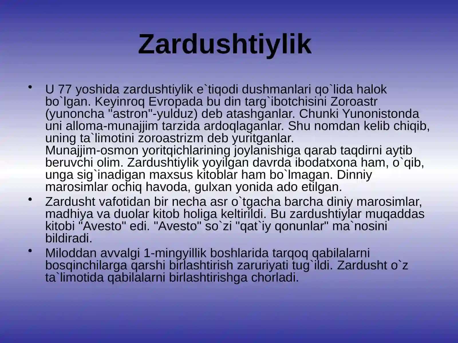 6-sinf Tarix fanidan Zardushtiylik mavzuda dars taqdimot 4