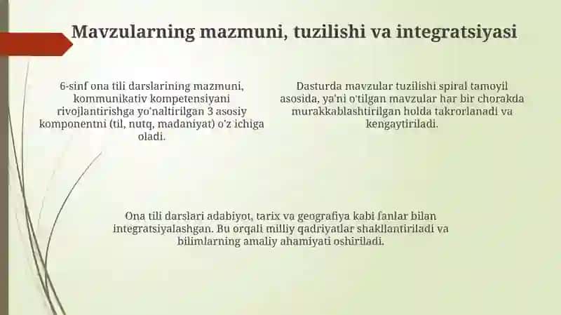 Umumiy oʻrta taʼlim maktablarining 6-sinf "ona tili"darslarini mazmunini oʻrganish 4