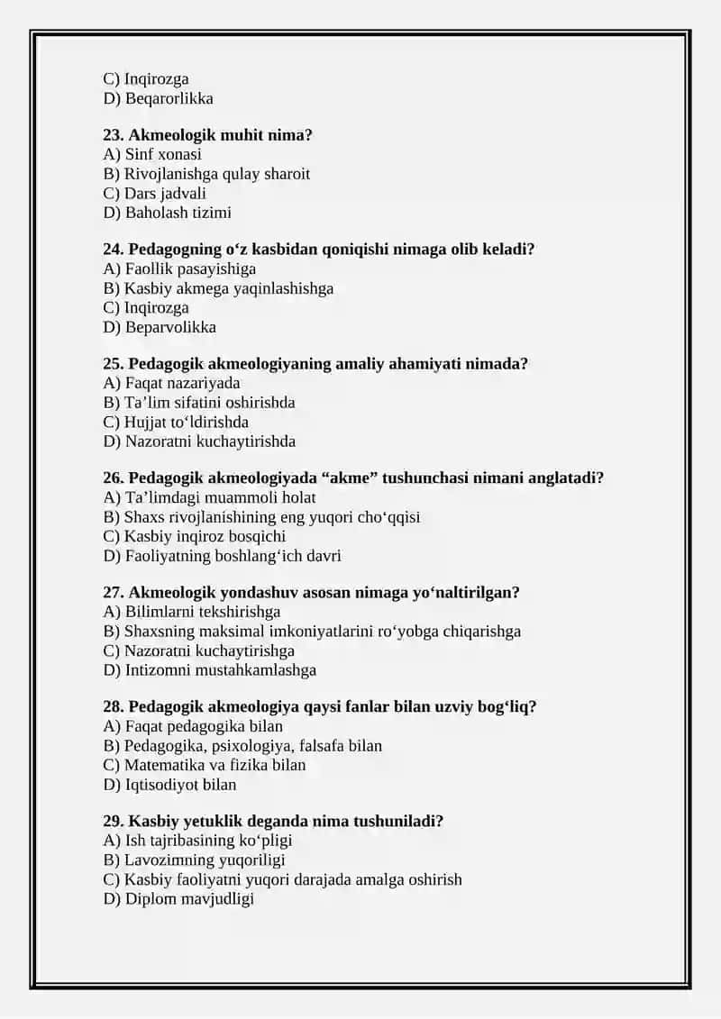 PEDAGOGIK AKMEOLOGIYA FANIDAN TEST SAVOLLARI 4