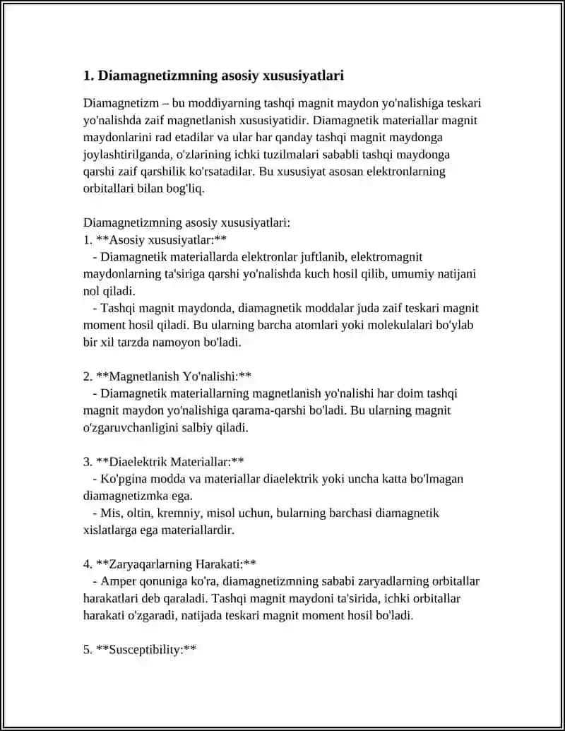 Diamagnetizmning asosiy xususiyatlari 4