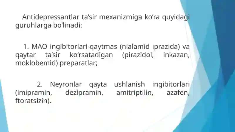 Antidepressantlar ta’sir mexanizmi va klassifikatsiyasi 4