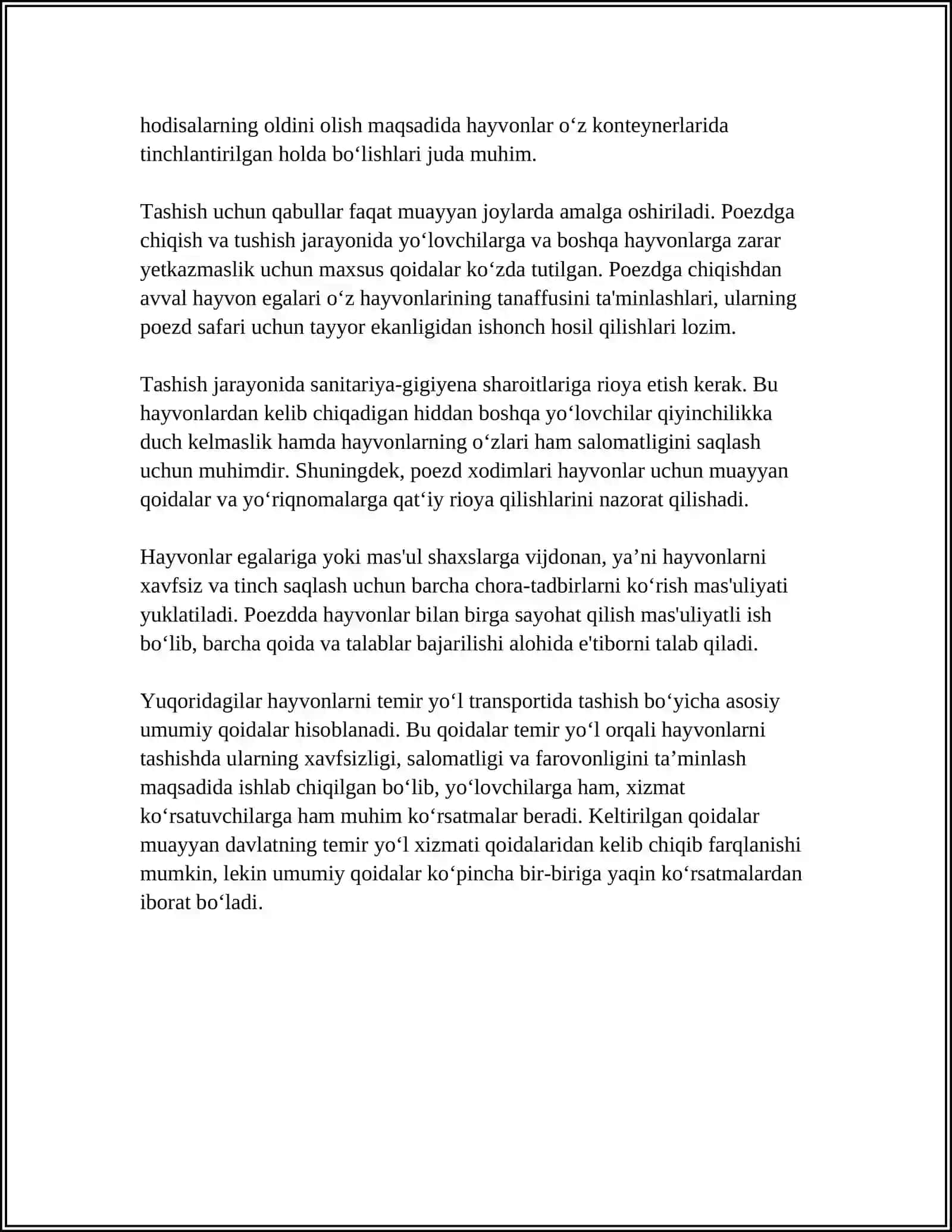 "ITLAR, MAYDA UY HAYVONLARI, QUSHLAR VA ASALARILARNI TASHISH QOIDALARINI O‘RGANISH" TEMIR YOʻL QOIDALARI BOYICHA 4