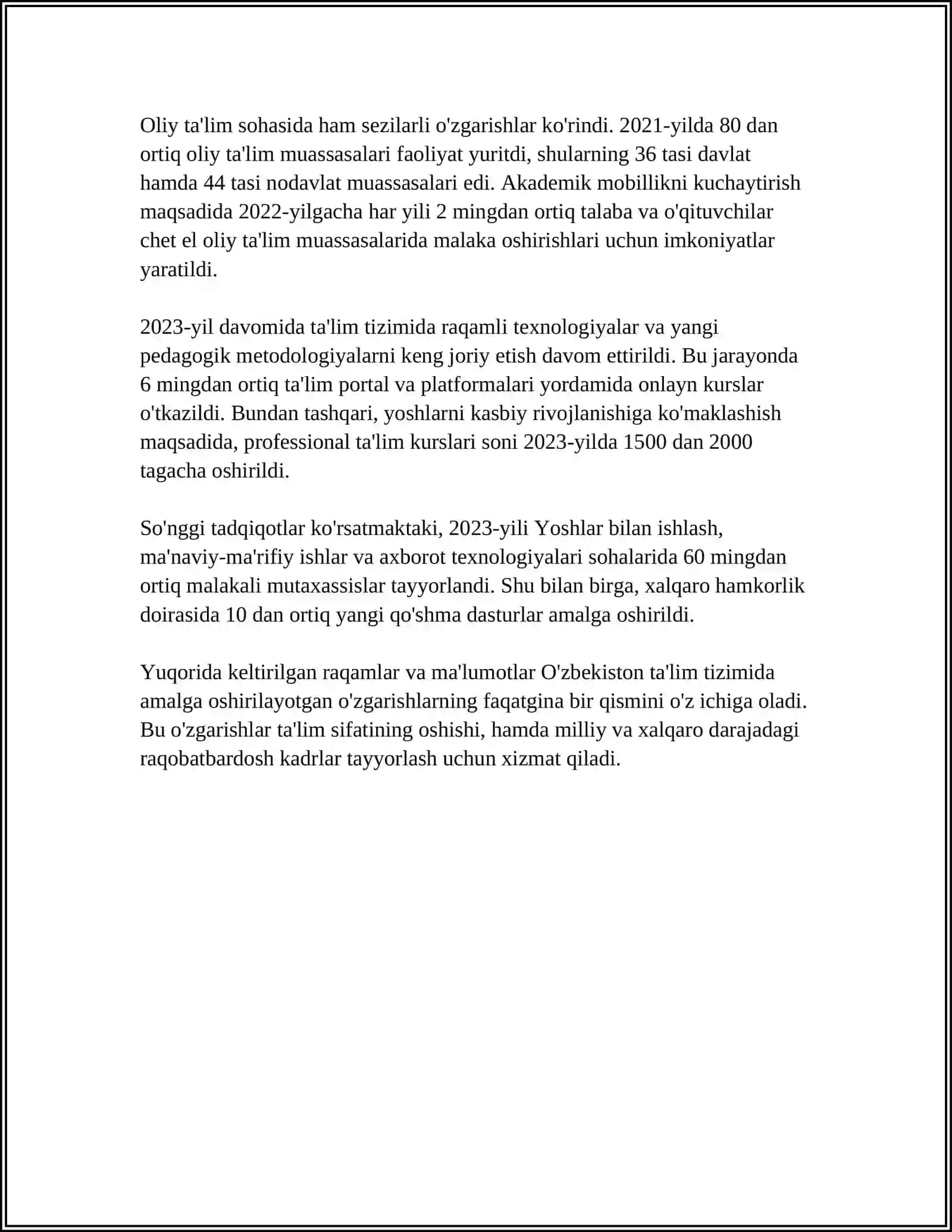 ÓZBEKISTONDA IJTIMOIY SOHADA AMALGA OSHIRILAYOTGAN ÓZGARISHLAR MAZMUN MOHIYATI 2024-2025-o'quv yili 4
