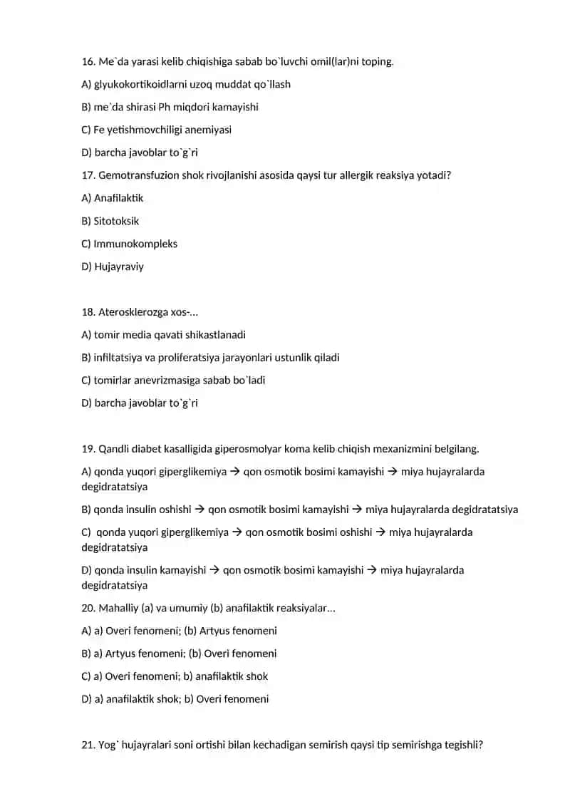 Patofiziologiya (Test savollari) 4