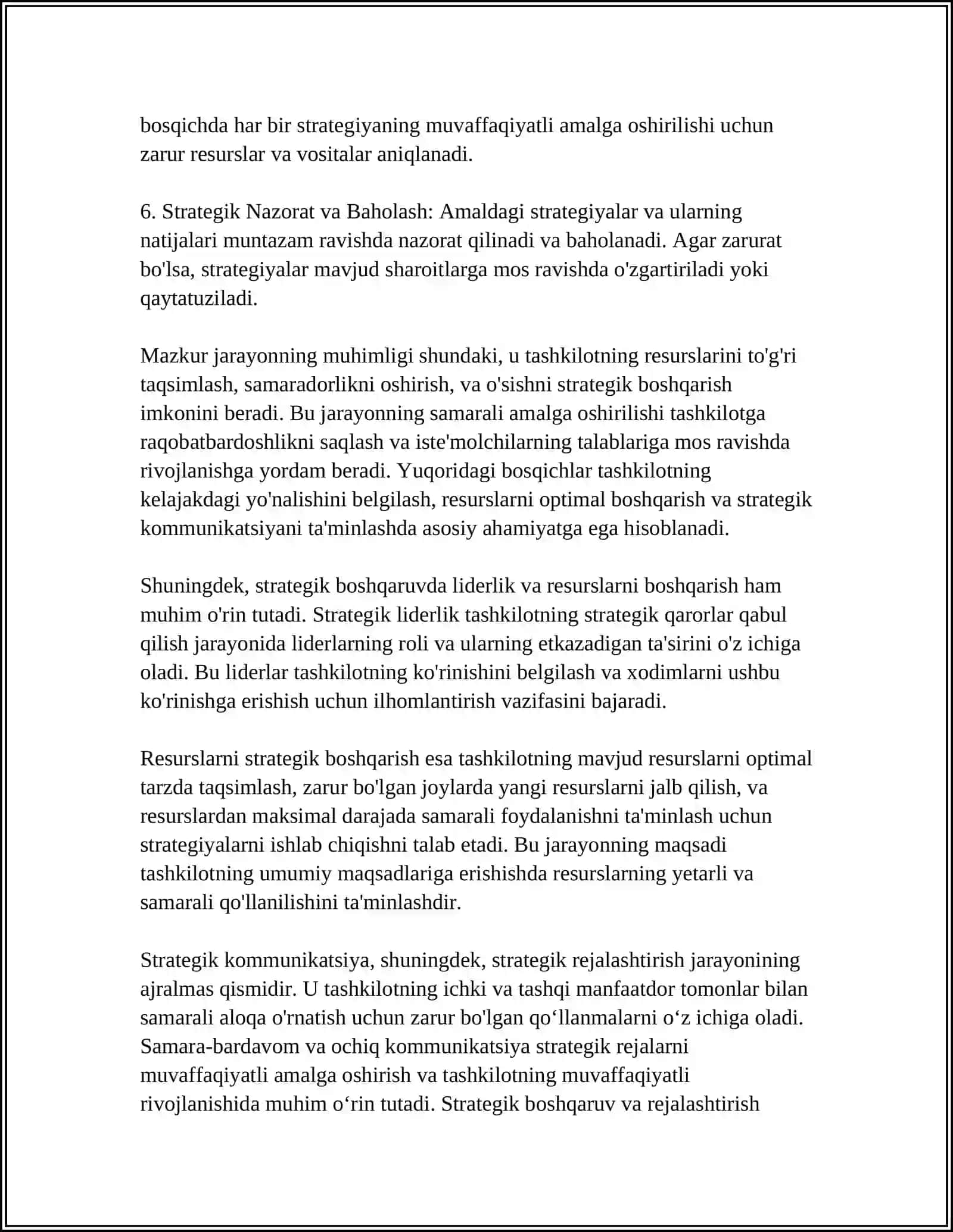 STRATEGIK BOSHQARUV. STRATEGIK YETAKCHILIK. MEHNAT VA RESURSLARNI STRATEGIK BOSHQARISH. STRATEGIK KOMMUNIKATSIYA 4