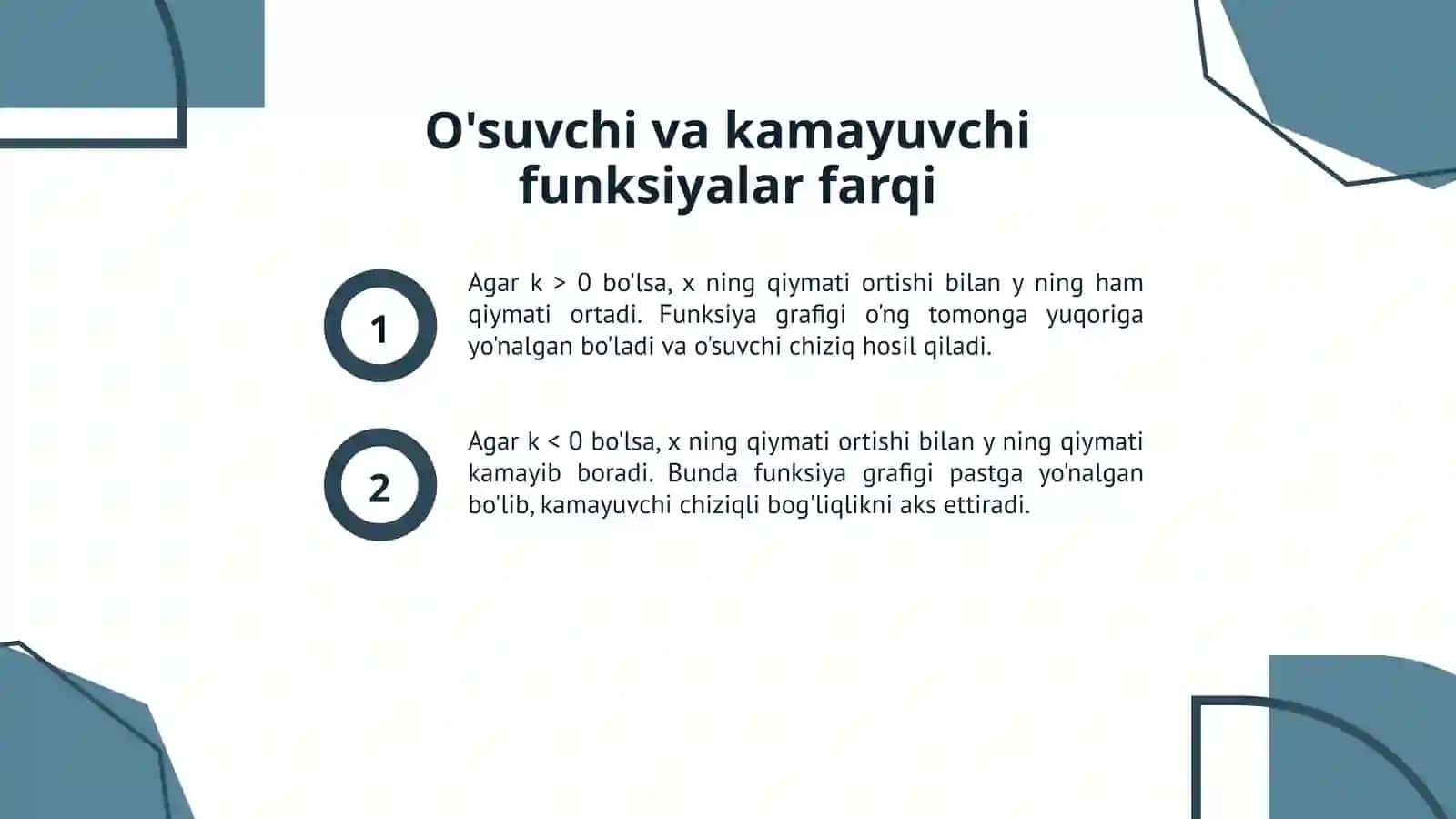 Chiziqli funksiya va uning xossalari: Reja va asosiy tushunchalar 4