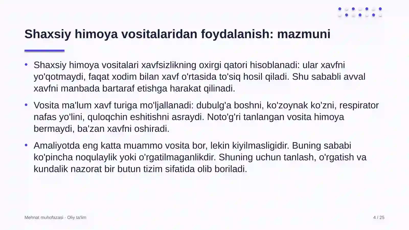 Mehnat muhofazasi · Oliy ta'lim 4
