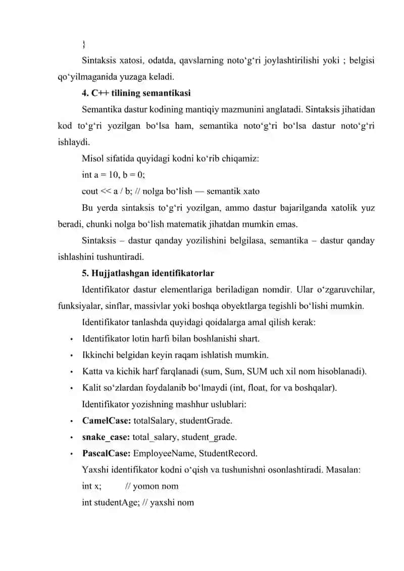 C++ TILI DASTURINING TUZILISHI VA SHAKLI. TIL SINTAKSISI. TIL SEMANTIKASI. HUJJATLASHGAN IDENTIFIKATORLAR. DASTURNI FORMATLASH 4