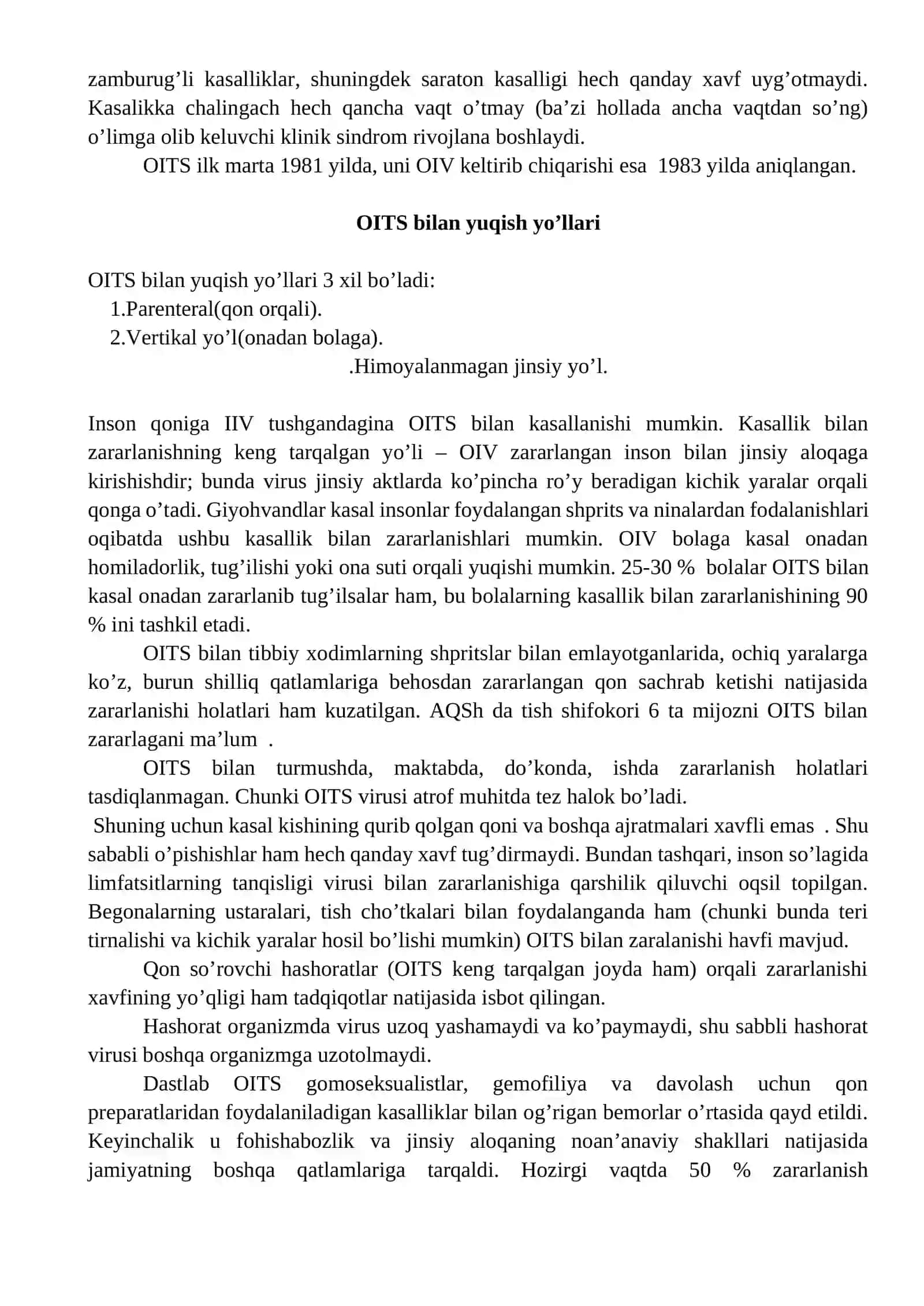 OITS haqida tushuncha, kasalligi yuqish yo’llari, OIV infektsiyasi. OITS kasalligining rivojlanishi. Immun holat 4