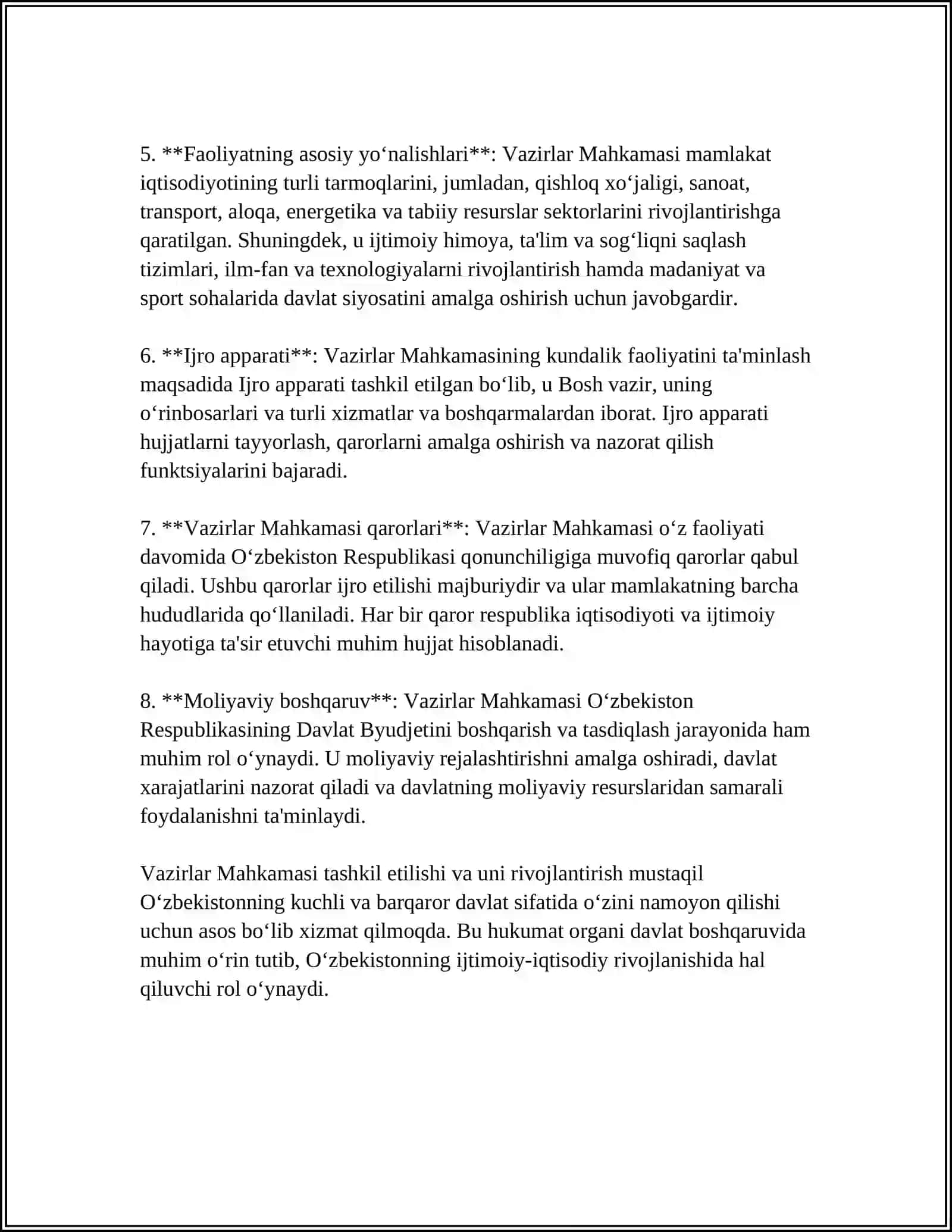 MUSTAQIL ISH Mavzu: O'ZBEKISTON RESPUBLIKASI HUKUMATINI TASHKIL ETISH TARTIBI, UNING TARKIBI VA FAOLIYATINI AMALGA OSHIRISH TARTIBI 4