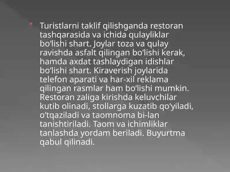 RESTORANLARDA MEHMONLAR ISHONCHI. BARLARDAGI SERVIS 4