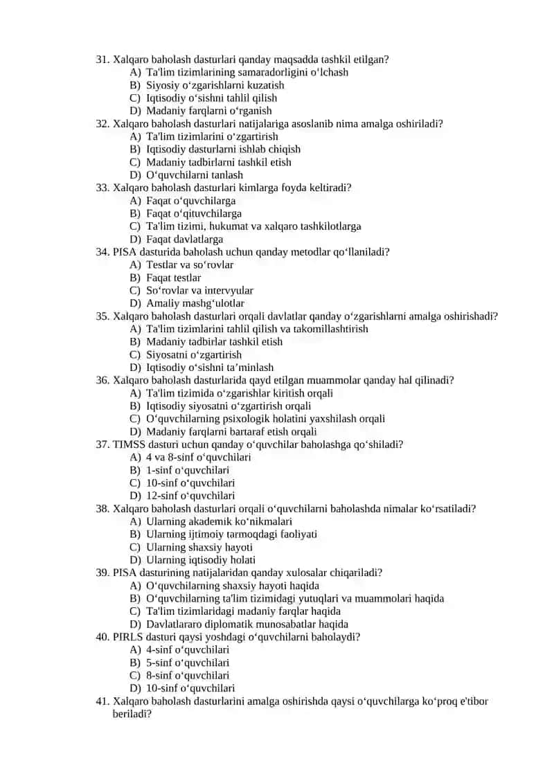 XALQARO BAHOLASH FANIDAN TEST SAVOLLARI JAVOBLARI BILAN 4