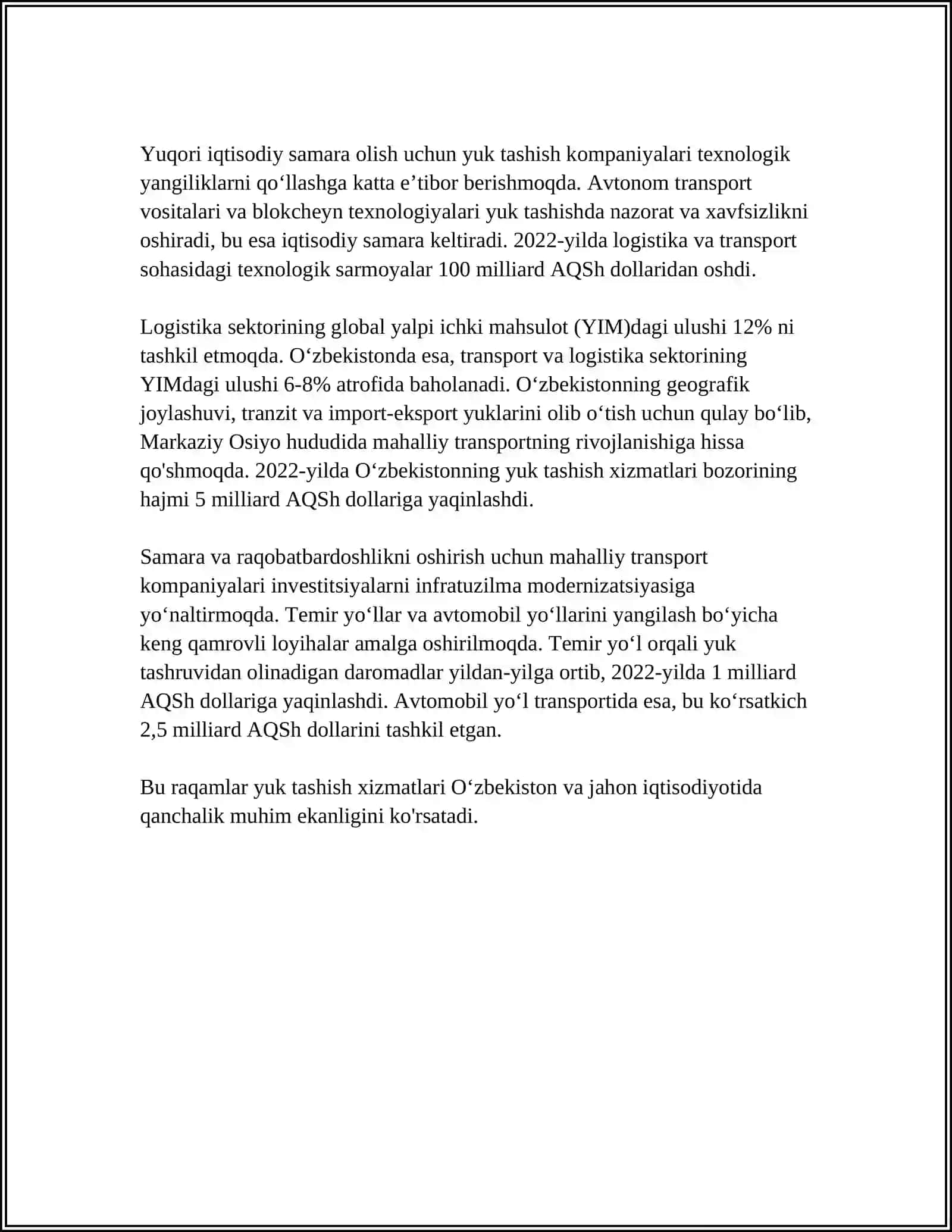 TEMIR YO‘LDA YUK VA YO‘LOVCHI TASHISH JARAYONINI TASHKIL ETISH VA REJALASHTIRISH. YUK TASHISH IQTISODIYOTI 4