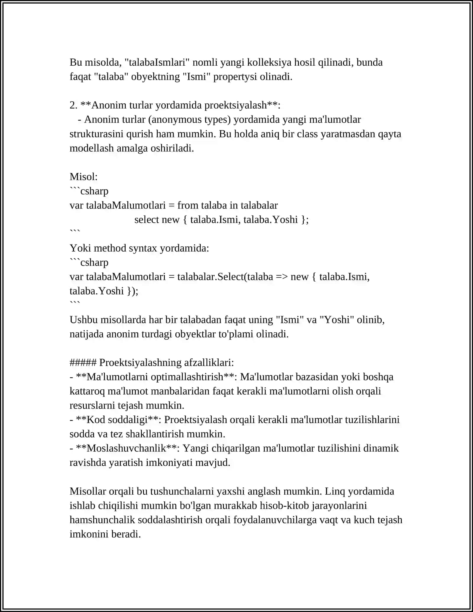 LINQ SO‘ROVLARIDA PROEKSIYALASH 4