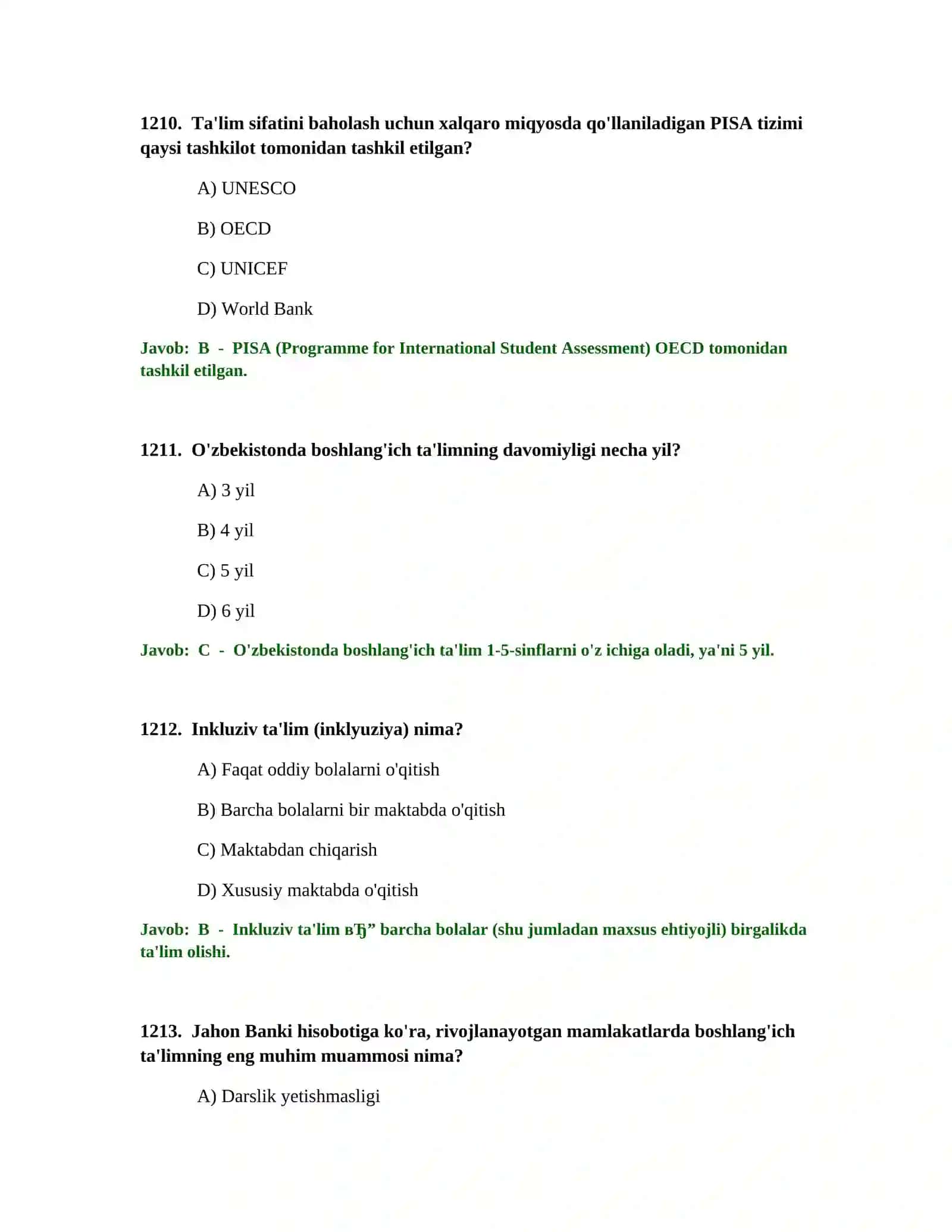 BOSHLANG'ICH TA'LIM O'QITUVCHISI TEST SINOVLARI 4