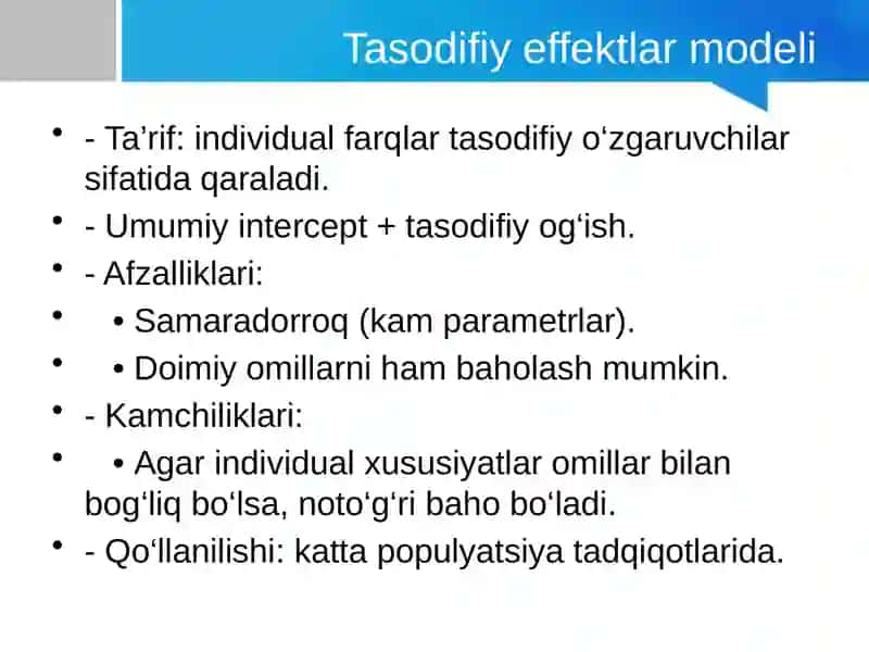 Fiksirovlangan effektlar va tasodifiy effektlar modellari 4