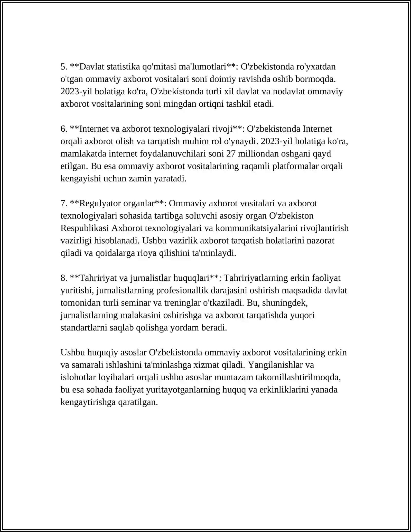 O'ZBEKISTON RESPUBLIKASIDA OMMAVIY AXBOROT VOSITALARINING FAOLIYATI 4