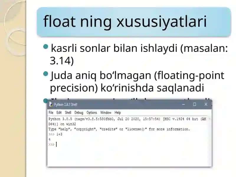PYTHON DASTURLASH TURLARI: INT, FLOAT, STR 4