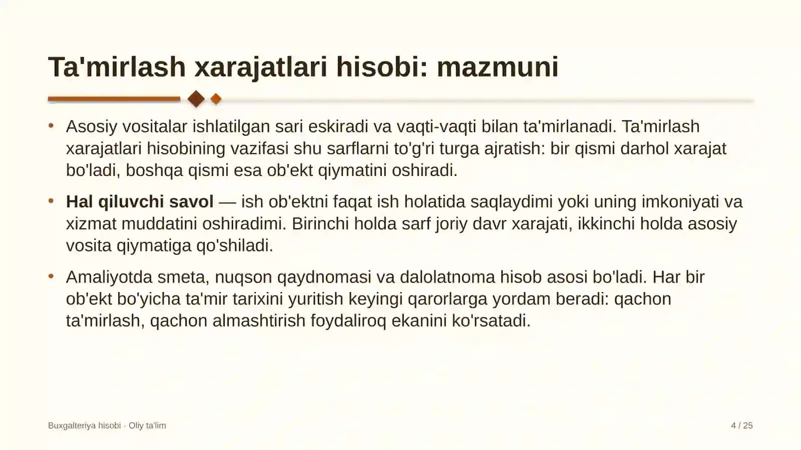 Avtomobil bozorlarida ta'mirlash xarajatlari hisobi 4