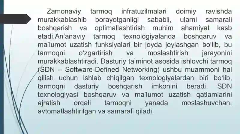 SDN (Software Defined Networking) va Boshqaruvmaydoni(Control Plane) Boshqaruvining ishlash tamoyili 4