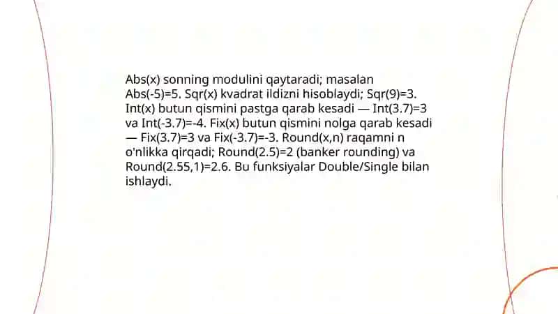 Visual basicda standart funksiyalar,shartli oʻtish operatorlari, sikl operatorlari va massivlar 4