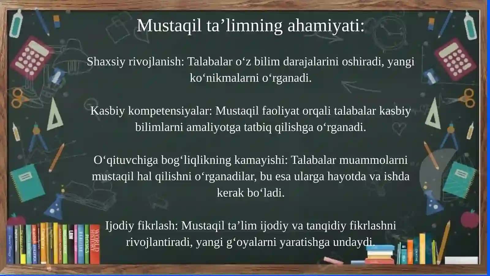 Talabalar mustaqil oʻquv faoliyatini va 4