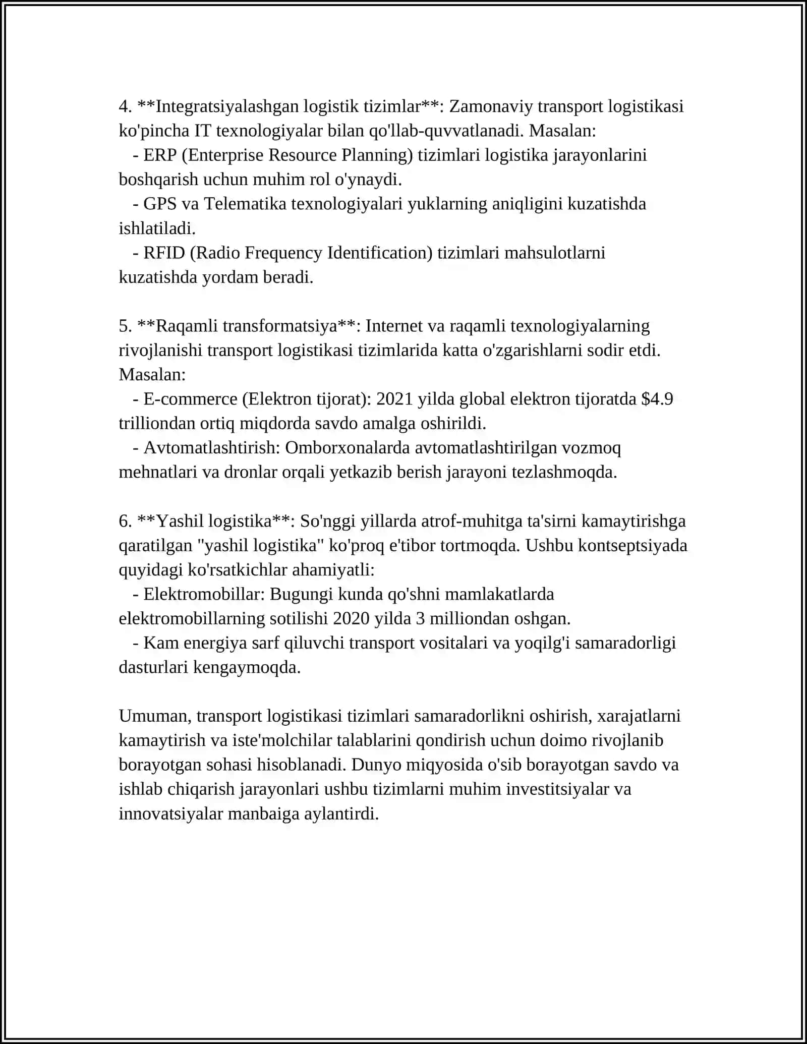 TRANSPORT LOGISTIKASI MAJMUASI. LOGISTIK TIZIMLARDA TASHISHNI TASHKIL ETISH 4