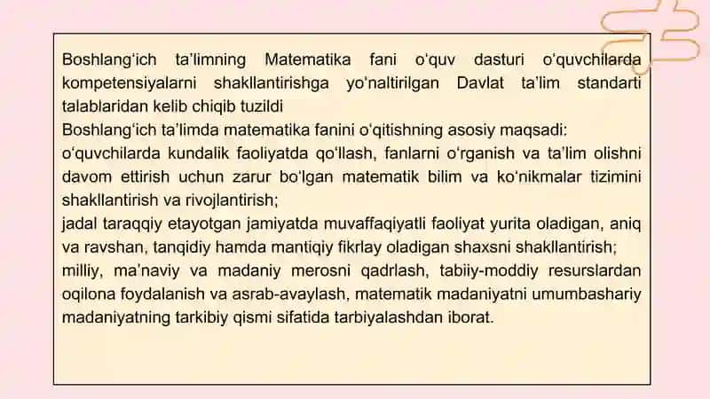 Boshlang`ich sinflarda matematika fanidan DTSning maqsadi va vazifalari 4