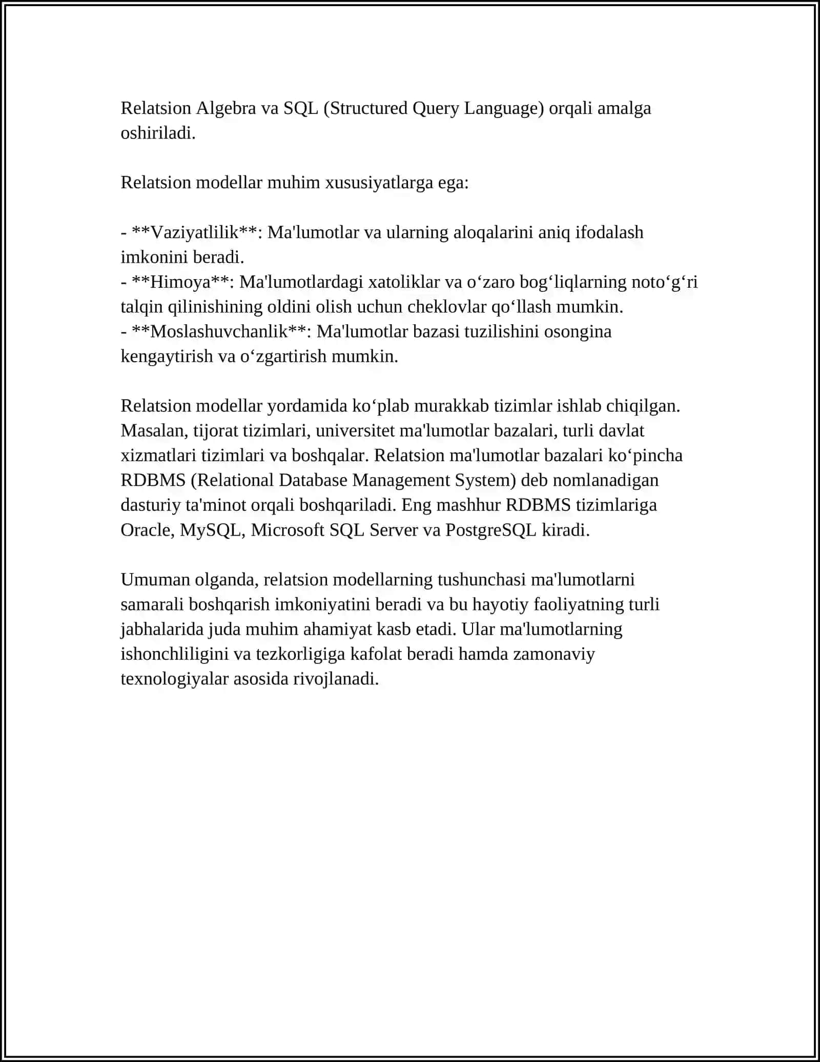 TURLI RELATSION MODELLARNING TUZILISHINI VA ISHLATILISHINI TAHLIL 4