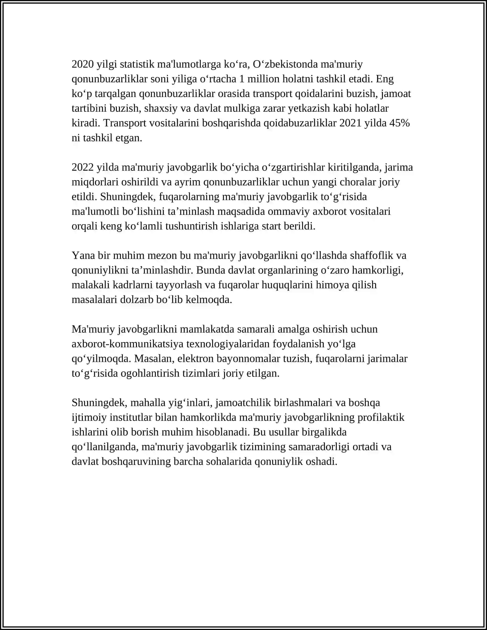BOSHQARUVNING BELGILANGAN TARTIBIGA TAJAVUZ QILUVCHI HUQUQBUZARLIKLAR UCHUN MAMURIY JAVOBGARLIK 4