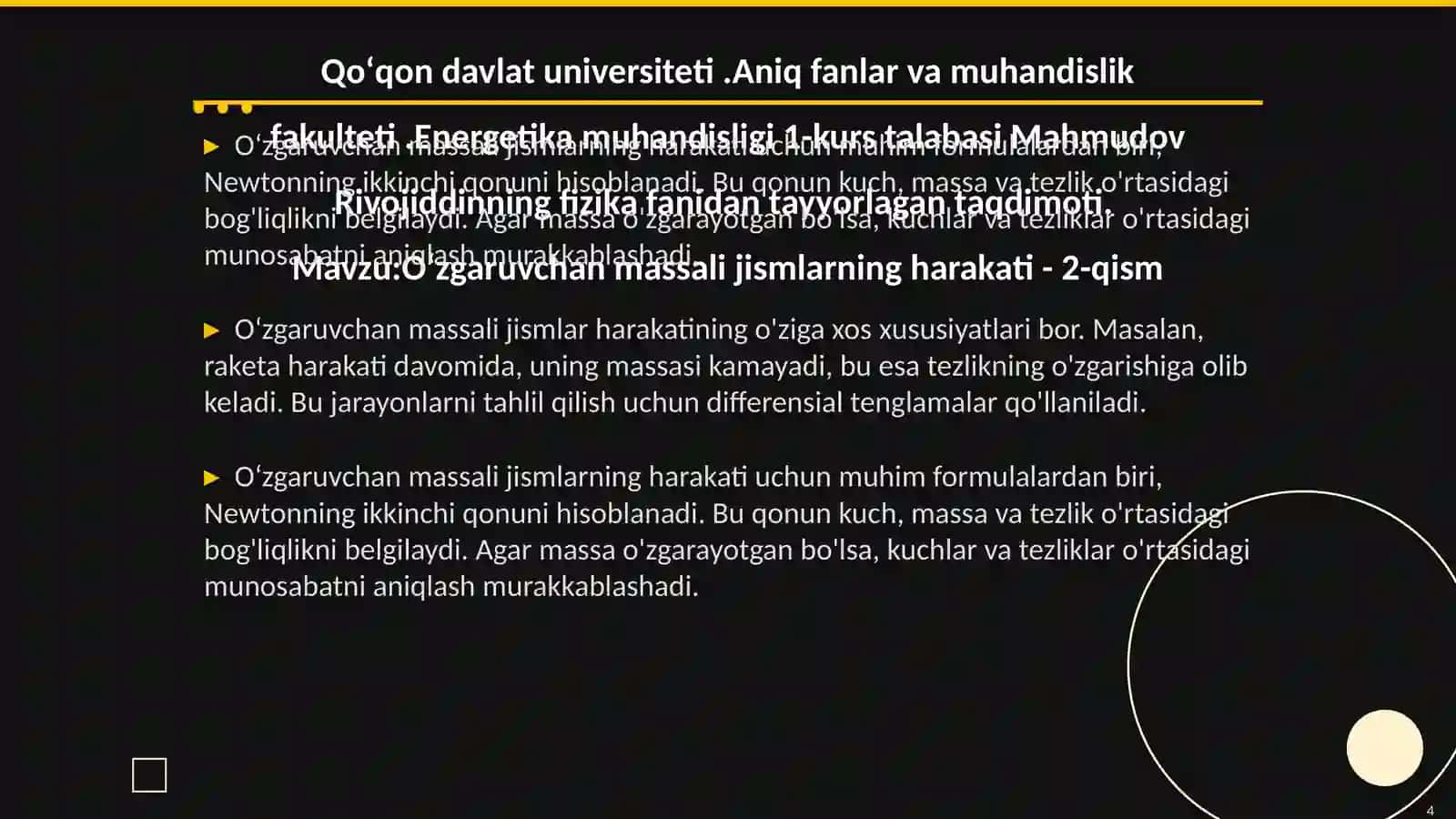 Oʻzgaruvchan massali jismlarning harakati 4