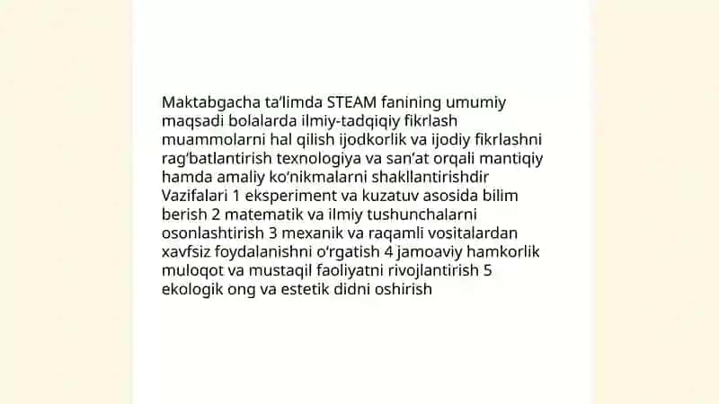 Maktabgacha taʼlimda STEAM ta'lim tehnologiya fanining umumiy asoslari predmeti va vazifalari 4