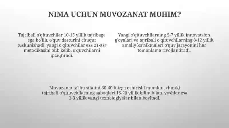 Jamoada yosh va tajribali pedagoglar muvozanatini ta’minlash 4